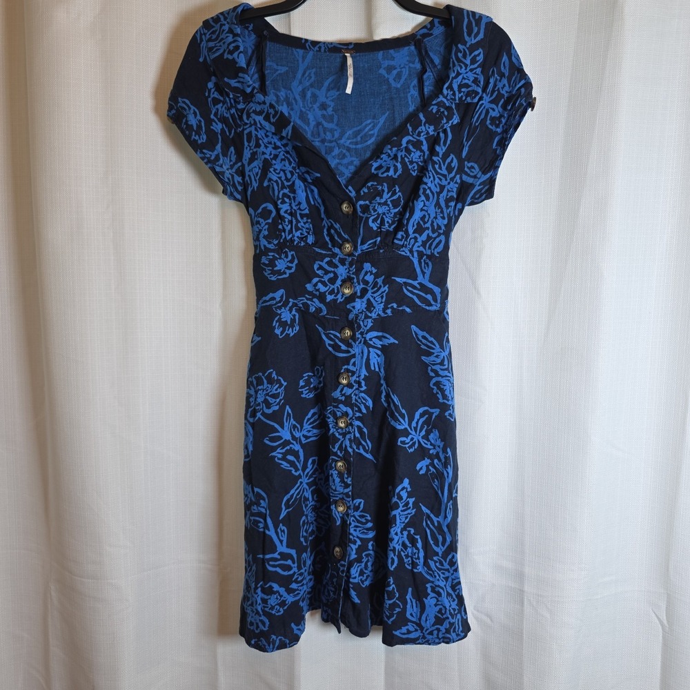 FREE PEOPLE A Thing Called Love Dress Blue Floral Dress 2 Linen Blend Fairy